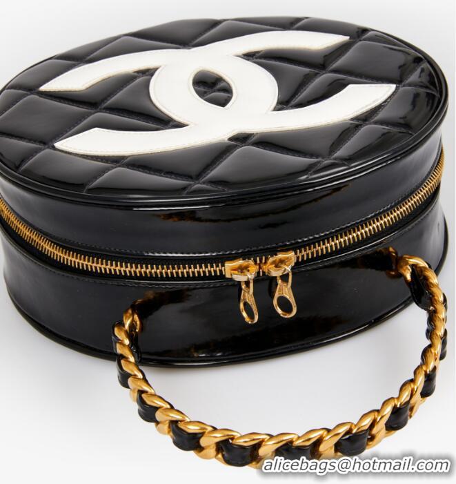 Grade Design Chanel Vanity Case Vintage Round Top Handle Bag Quilted Patent Leather CH8974 Black