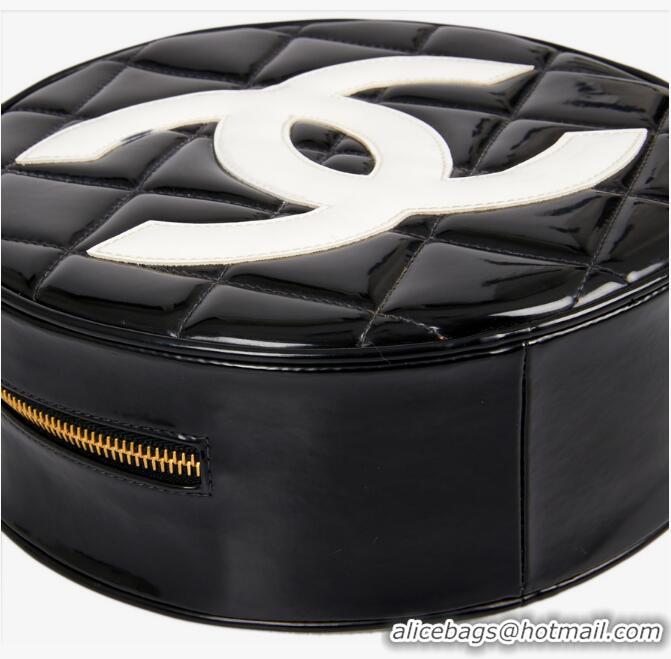 Grade Design Chanel Vanity Case Vintage Round Top Handle Bag Quilted Patent Leather CH8974 Black