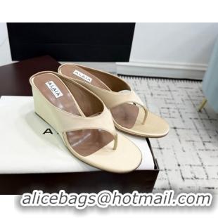 Stylish Alaia Cube Wedge Thong Slides Sandal 7.5cm in Satin Light Beige 50709006