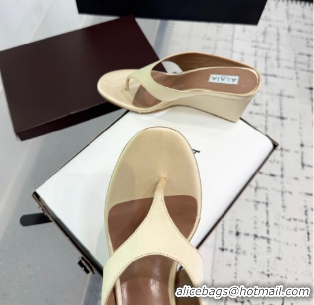 Stylish Alaia Cube Wedge Thong Slides Sandal 7.5cm in Satin Light Beige 50709006