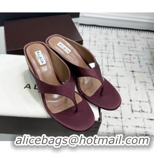 Sumptuous Alaia Cube Wedge Thong Slides Sandal 7.5cm in Satin Burgundy 0709007
