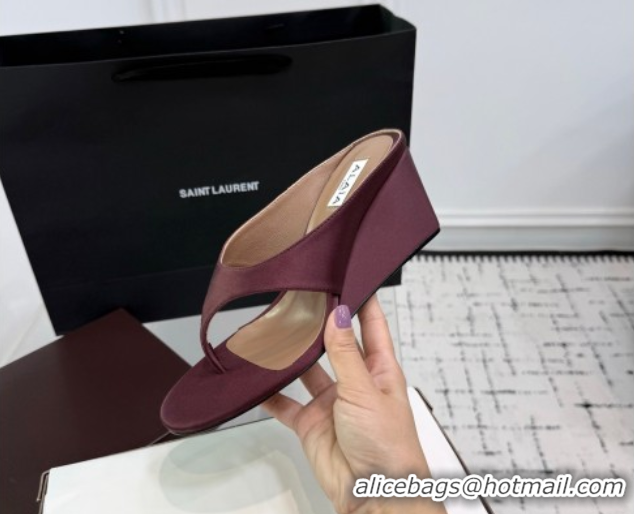 Sumptuous Alaia Cube Wedge Thong Slides Sandal 7.5cm in Satin Burgundy 0709007