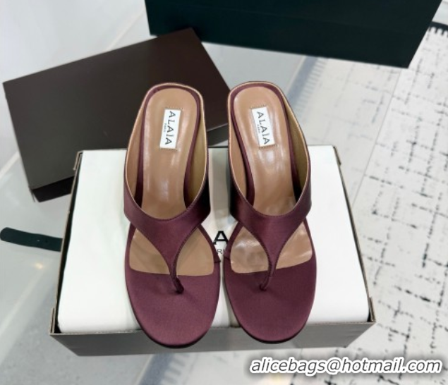 Sumptuous Alaia Cube Wedge Thong Slides Sandal 7.5cm in Satin Burgundy 0709007