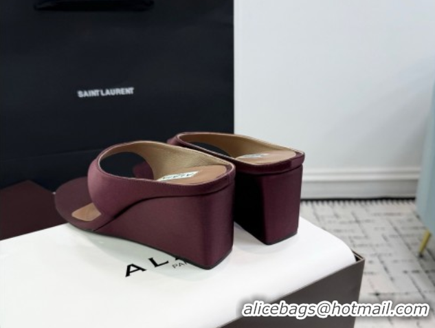 Sumptuous Alaia Cube Wedge Thong Slides Sandal 7.5cm in Satin Burgundy 0709007