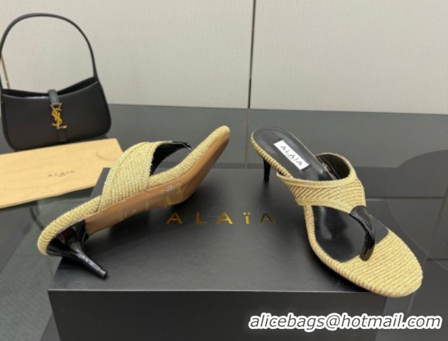 Top Grade Alaia Heel Thong Slides Sandal 5.5cm in Woven Beige 0827079