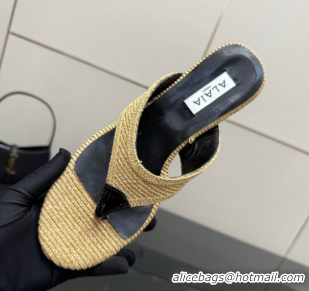 Top Grade Alaia Heel Thong Slides Sandal 5.5cm in Woven Beige 0827079