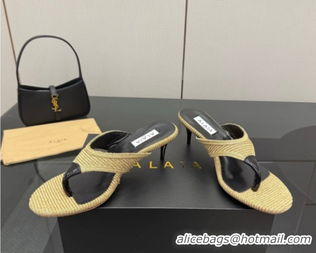 Top Grade Alaia Heel Thong Slides Sandal 5.5cm in Woven Beige 0827079