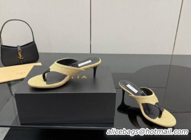 Top Grade Alaia Heel Thong Slides Sandal 5.5cm in Woven Beige 0827079
