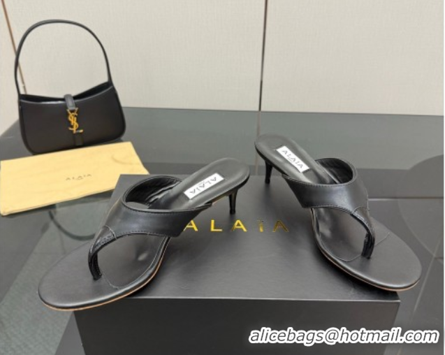 Grade Quality Alaia Heel Thong Slides Sandal 5.5cm in Leather Black 0827081