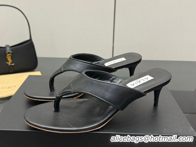 Grade Quality Alaia Heel Thong Slides Sandal 5.5cm in Leather Black 0827081