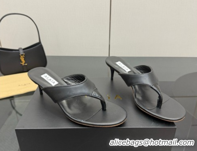 Grade Quality Alaia Heel Thong Slides Sandal 5.5cm in Leather Black 0827081