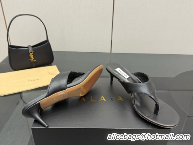 Grade Quality Alaia Heel Thong Slides Sandal 5.5cm in Leather Black 0827081