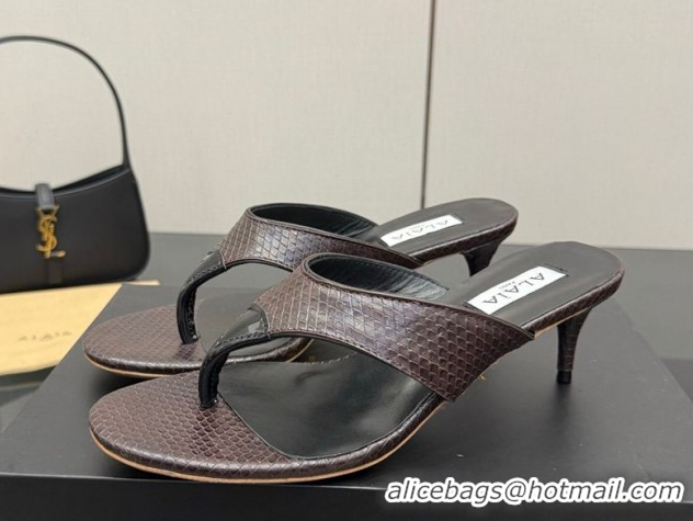 Best Grade Alaia Heel Thong Slides Sandal 5.5cm in Snakeskin Like Brown 0827082