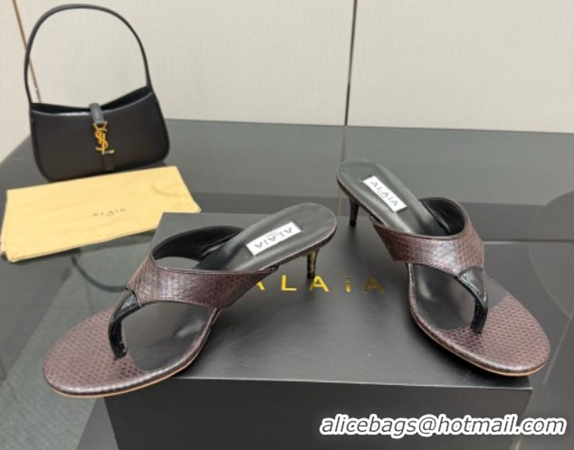 Best Grade Alaia Heel Thong Slides Sandal 5.5cm in Snakeskin Like Brown 0827082