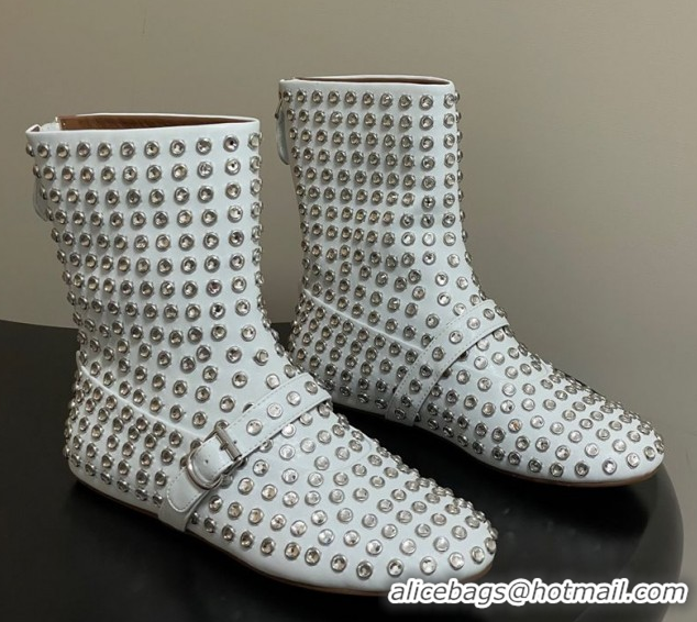 Shop Cheap Alaia Flat Ankled Boots in Leather and Strass with Buckle White 0827084