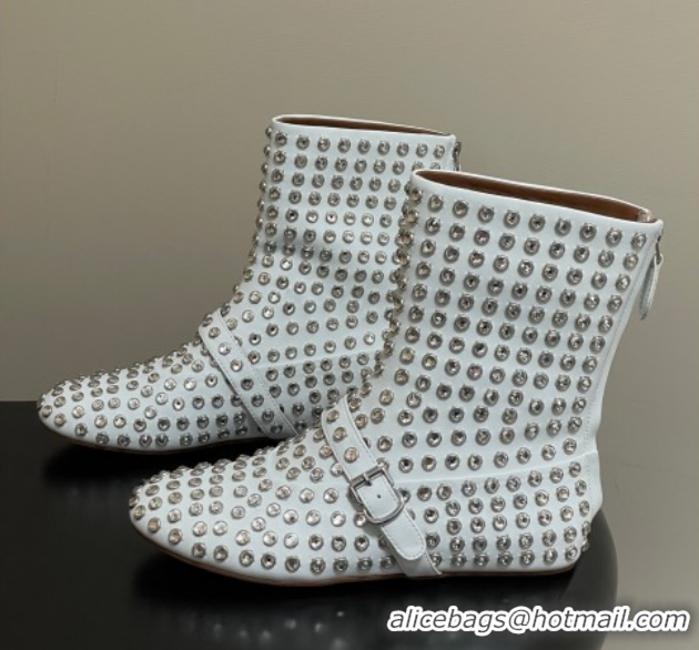 Shop Cheap Alaia Flat Ankled Boots in Leather and Strass with Buckle White 0827084