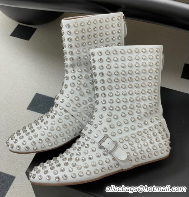 Shop Cheap Alaia Flat Ankled Boots in Leather and Strass with Buckle White 0827084