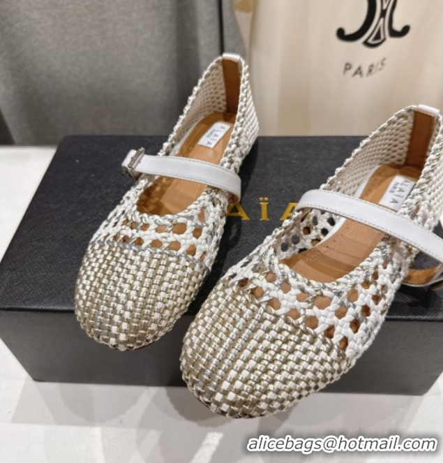 Most Popular Alaia Woven Ballet Flats White/Light Gold 0827086