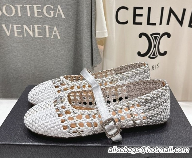 Top Design Alaia Woven Ballet Flats White/Silver 0827088
