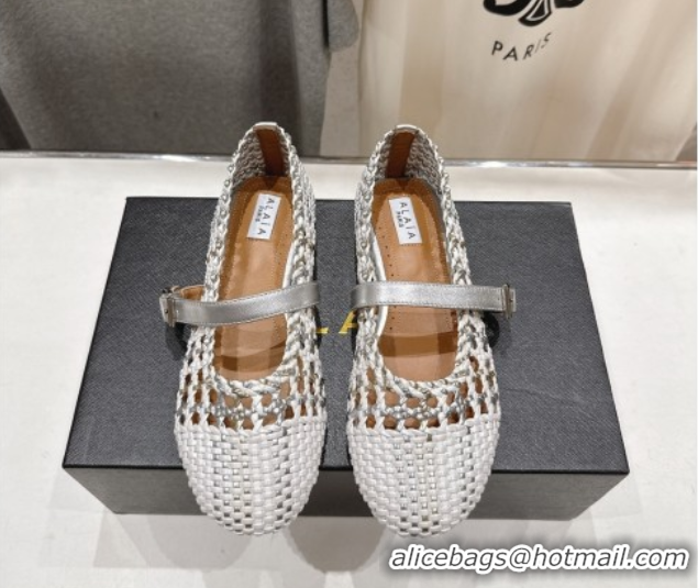 Top Design Alaia Woven Ballet Flats White/Silver 0827088