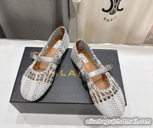 Top Design Alaia Woven Ballet Flats White/Silver 0827088