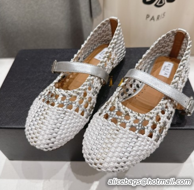Top Design Alaia Woven Ballet Flats White/Silver 0827088