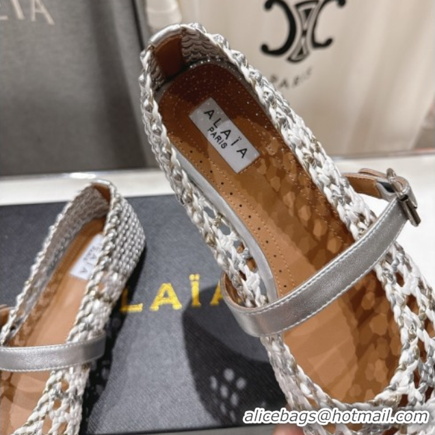 Top Design Alaia Woven Ballet Flats White/Silver 0827088