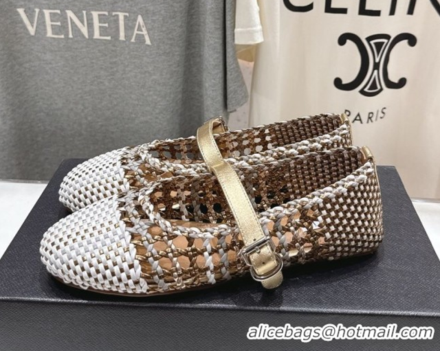 Good Quality Alaia Woven Ballet Flats White/Aged Gold 0827090