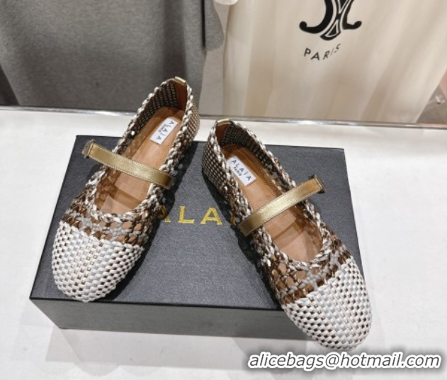 Good Quality Alaia Woven Ballet Flats White/Aged Gold 0827090
