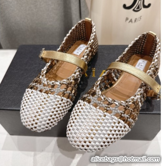 Good Quality Alaia Woven Ballet Flats White/Aged Gold 0827090