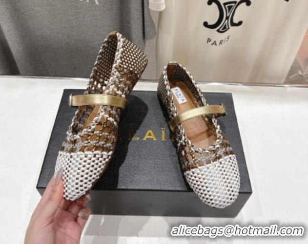 Good Quality Alaia Woven Ballet Flats White/Aged Gold 0827090