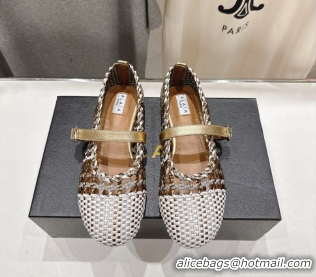 Good Quality Alaia Woven Ballet Flats White/Aged Gold 0827090