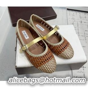 Popular Style Alaia Ballet Flats in Woven Leather Brown/Gold 0827092