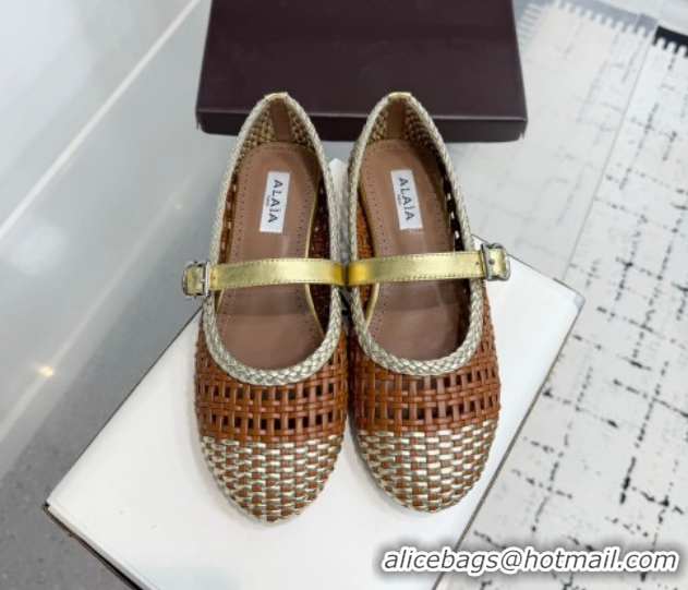Popular Style Alaia Ballet Flats in Woven Leather Brown/Gold 0827092