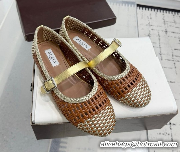 Popular Style Alaia Ballet Flats in Woven Leather Brown/Gold 0827092