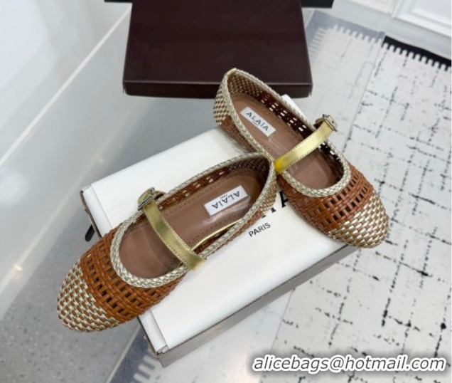Popular Style Alaia Ballet Flats in Woven Leather Brown/Gold 0827092