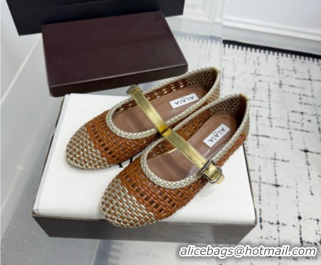 Popular Style Alaia Ballet Flats in Woven Leather Brown/Gold 0827092