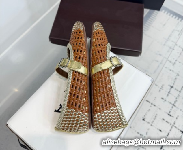 Popular Style Alaia Ballet Flats in Woven Leather Brown/Gold 0827092