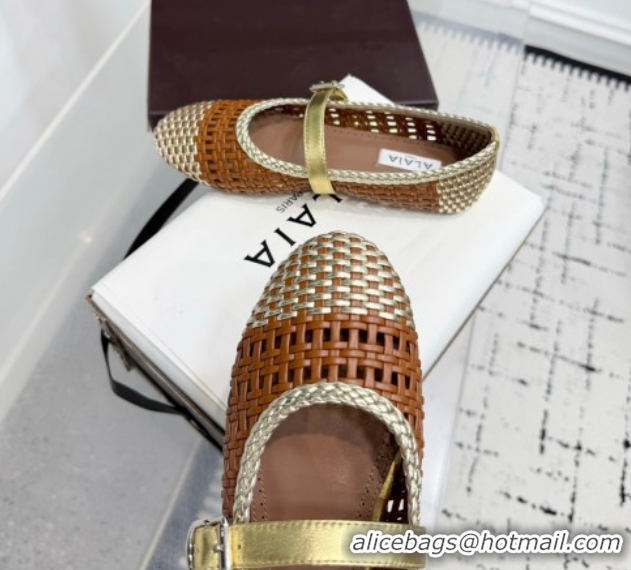 Popular Style Alaia Ballet Flats in Woven Leather Brown/Gold 0827092