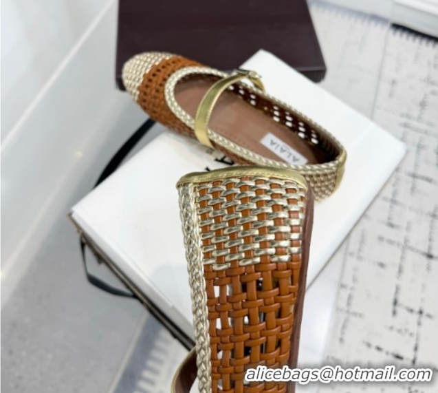 Popular Style Alaia Ballet Flats in Woven Leather Brown/Gold 0827092