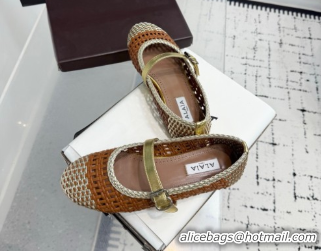 Popular Style Alaia Ballet Flats in Woven Leather Brown/Gold 0827092