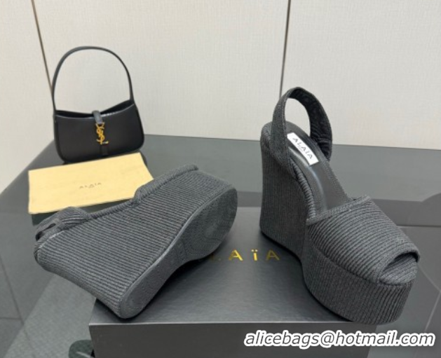 Cheap Price Alaia Wedge Sandals 11cm in Paper Straw Black 50827102