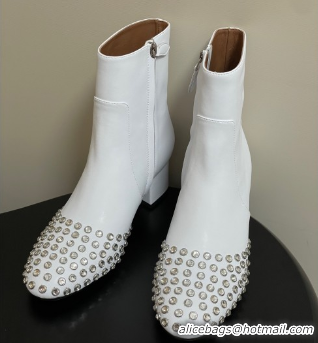 Grade Alaia Heel Ankled Boots 5.5cm in Calfskin Leather and Strass White 0827107