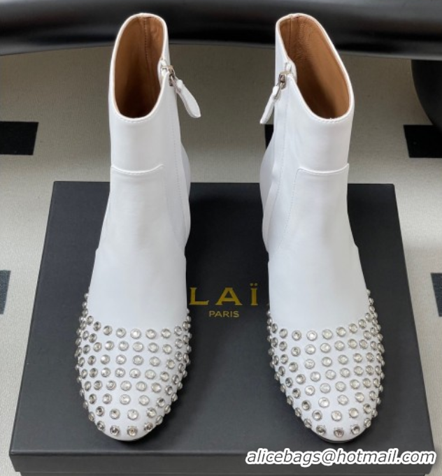 Grade Alaia Heel Ankled Boots 5.5cm in Calfskin Leather and Strass White 0827107