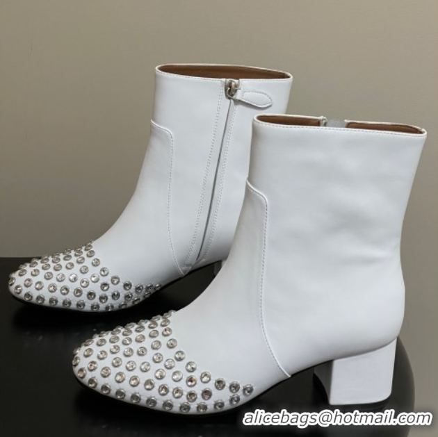 Grade Alaia Heel Ankled Boots 5.5cm in Calfskin Leather and Strass White 0827107