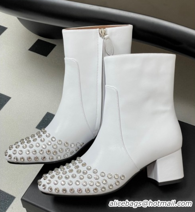 Grade Alaia Heel Ankled Boots 5.5cm in Calfskin Leather and Strass White 0827107