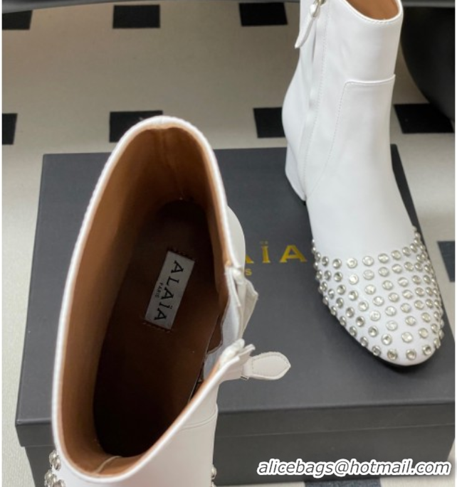 Grade Alaia Heel Ankled Boots 5.5cm in Calfskin Leather and Strass White 0827107