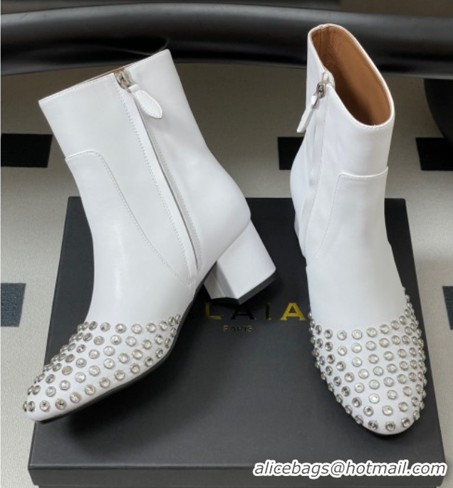 Grade Alaia Heel Ankled Boots 5.5cm in Calfskin Leather and Strass White 0827107
