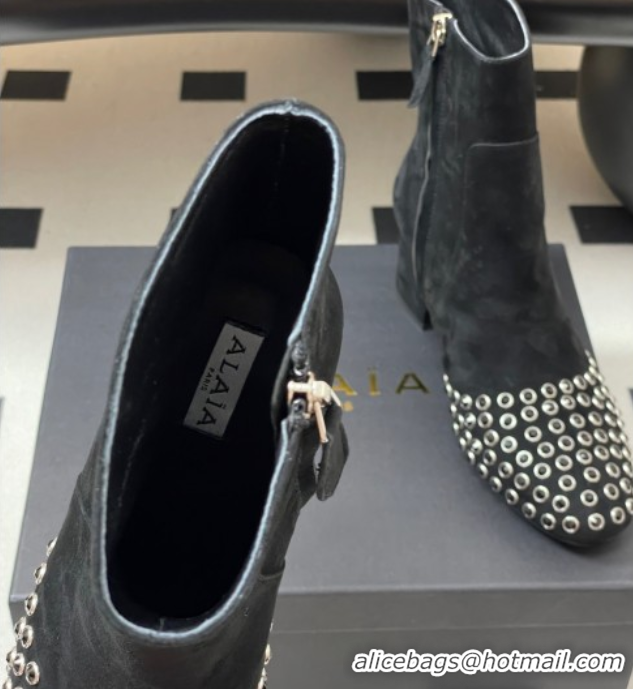 Unique Style Alaia Heel Ankled Boots 5.5cm in Suede and Strass Black 2025 AL082706 0827108