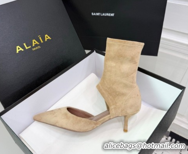 Durable Alaia Low Heel Boots 6cm in Stretch Suede Beige AL070905 0827111
